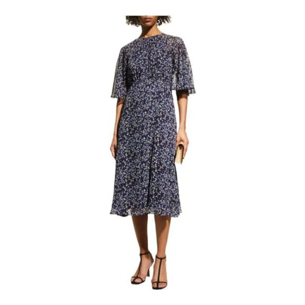 Teri jon by Rickie Freeman Blue Printed Chiffon Capelet Dress Size 4 NWT